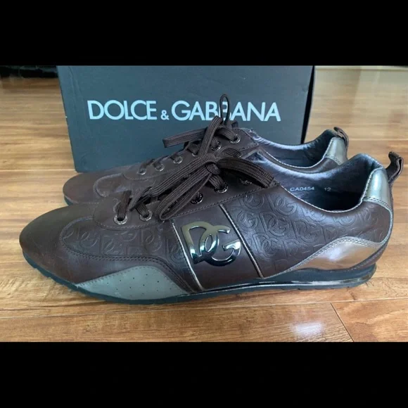 Authentic DOLCE & GABBANA Mens Sneakers Shoes Brown Silver DG Logo Sz 12EUR 46